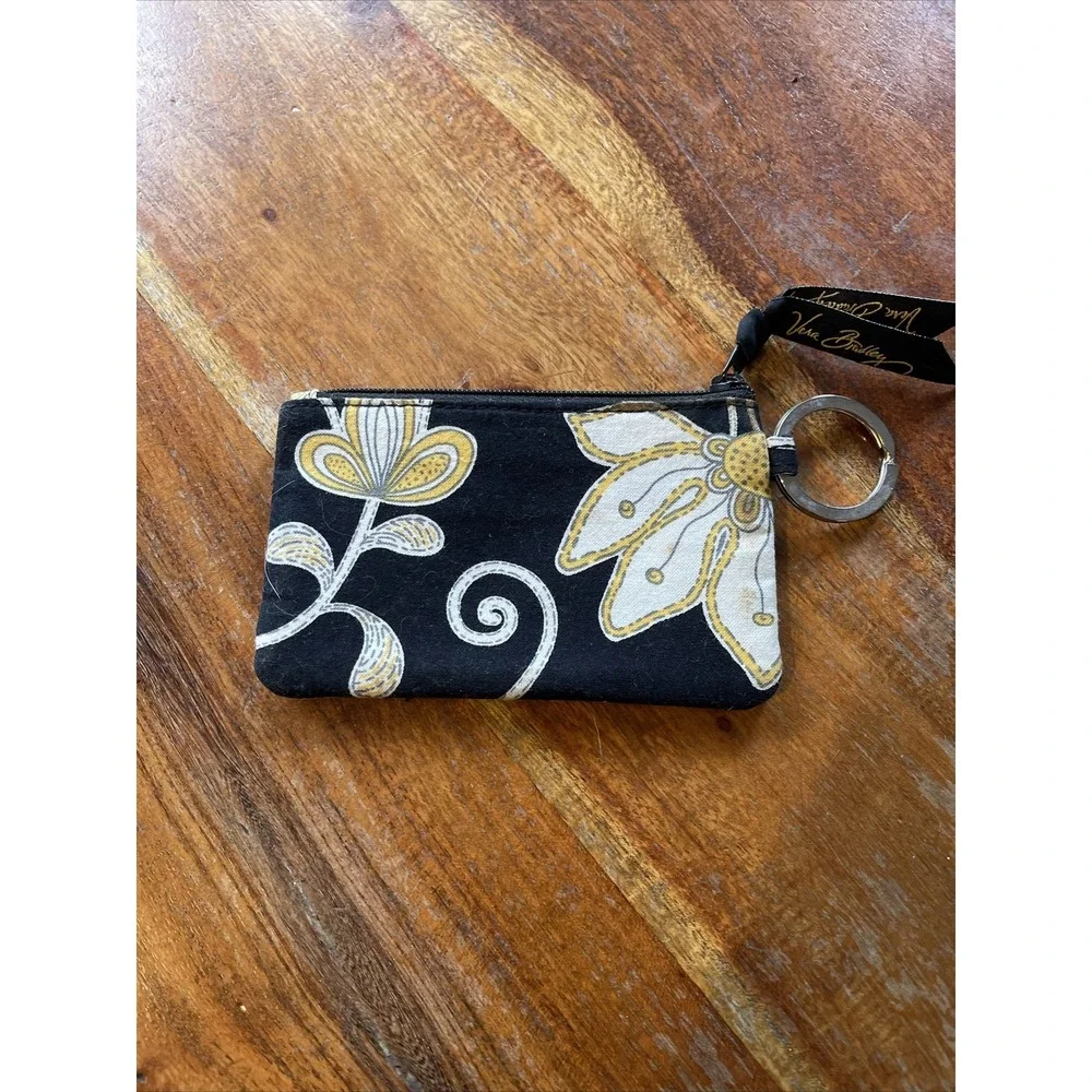 Vera Bradley Key Chain ID Card Holder Change Purse Money Black Yellow Floral